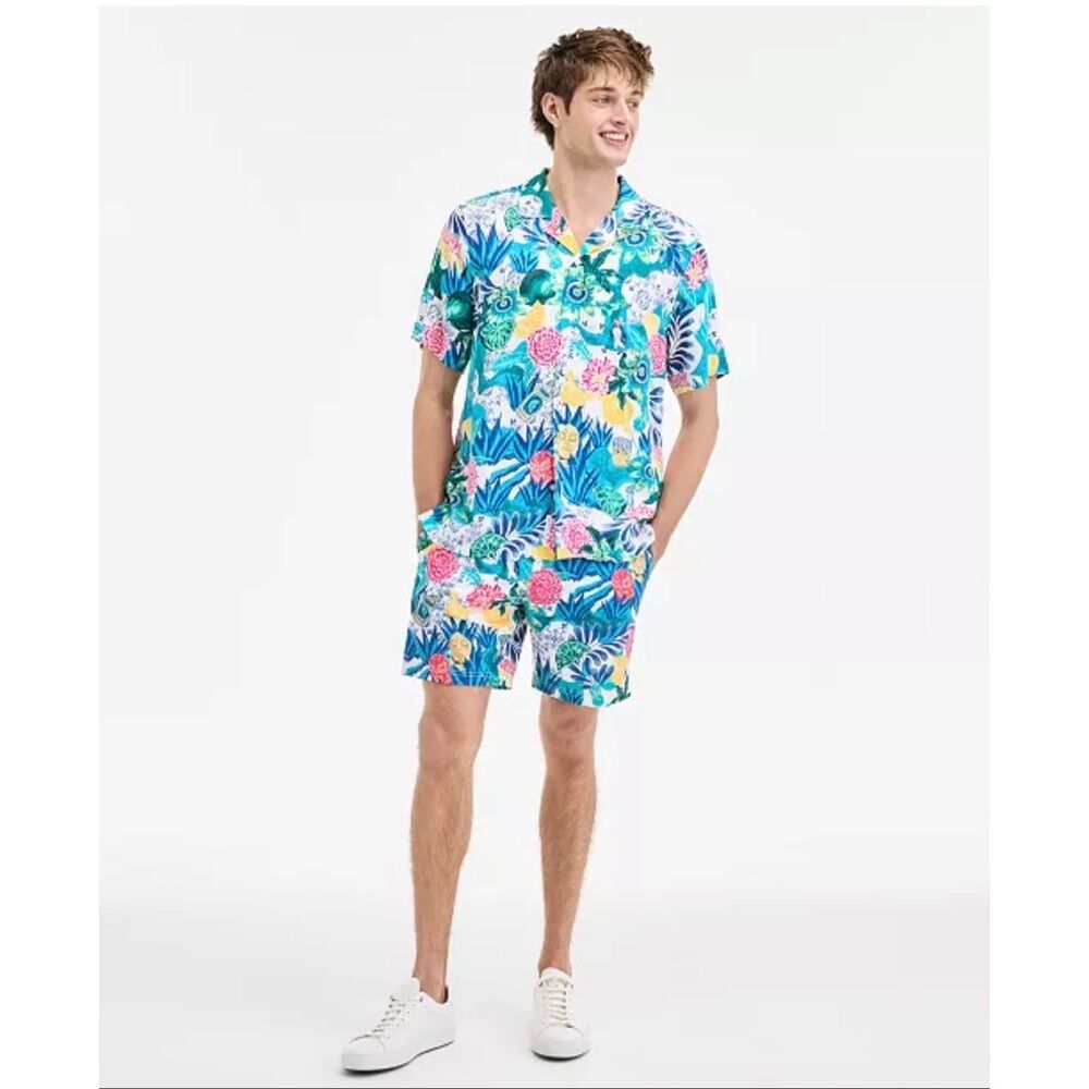 Original Penguin All Over Floral Oceanside Collage Print Button Down Short Set S